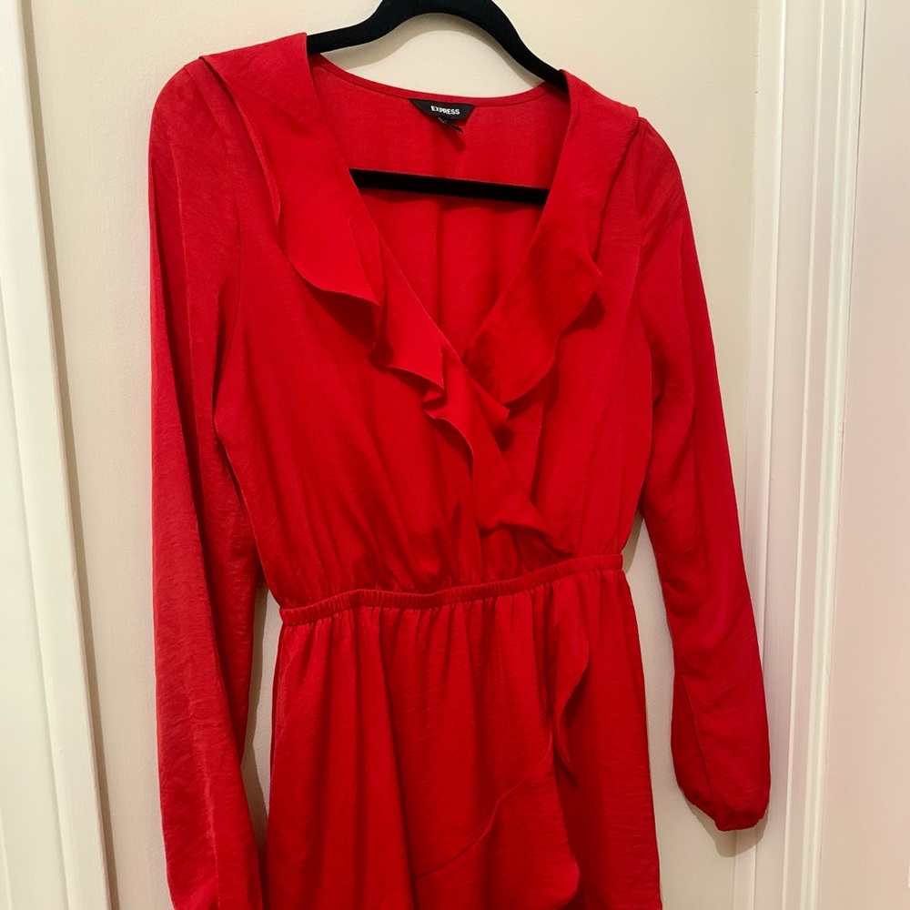 Satin Red Faux Wrap Dress - Express Size Small